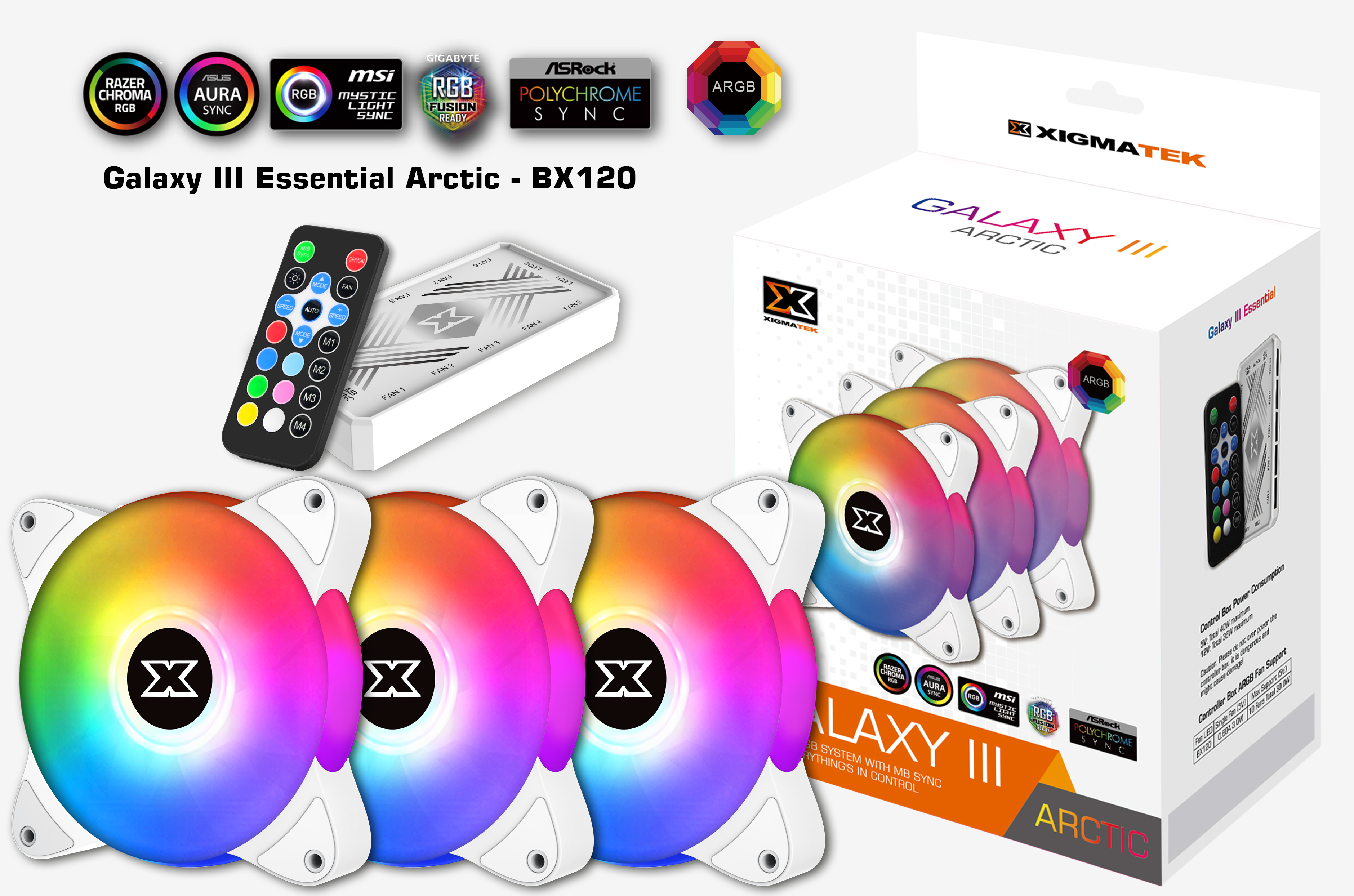 Bộ 3 Quạt XIGMATEK GALAXY III ESSENTIAL ARCTIC BX120 ARGB PACK x3, CONTROLLER, POWER HUB - Hàng Chính Hãng