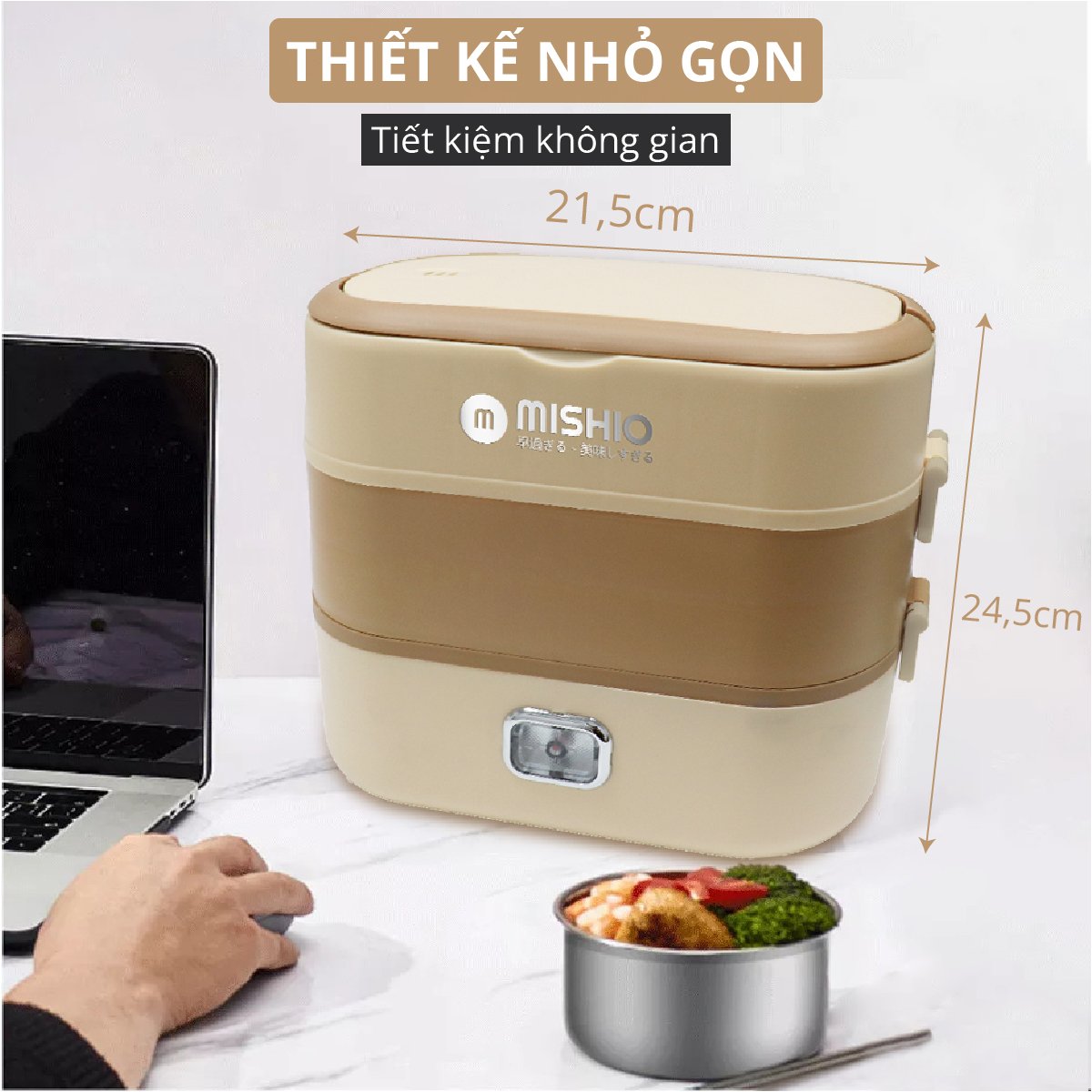 Hộp Hâm Cơm - tiệt trùng bình sữa Mishio MK345 kèm 4 hộp đựng inox 304