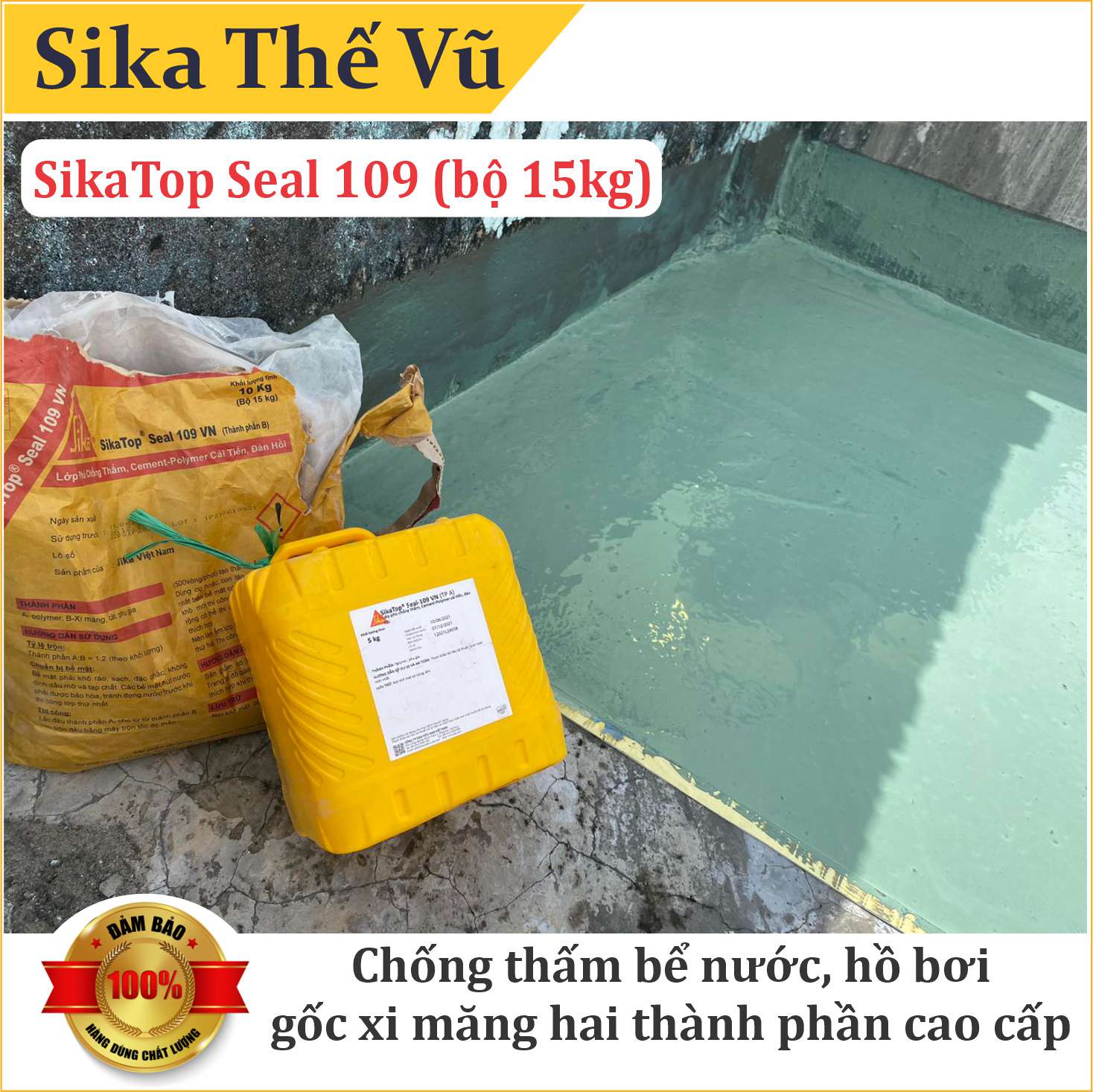 Chống thấm bể nước hồ bơi cao cấp gốc xi măng hai thành phần - SikaTop Seal 109 (bộ 15kg)