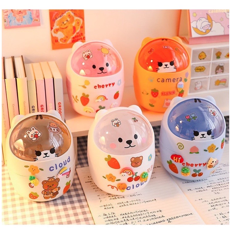 Thùng rác mini, Giỏ đựng rác để bàn có nắp mini, hình chú gấu xinh xắn