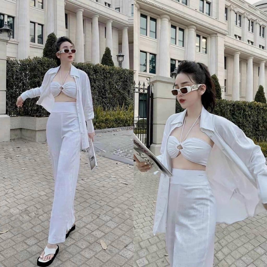 Set 3 món áo crop yếm quần dài kèm áo khoác sơ mi cá tính, năng động, trẻ trung phù hợp đi biển đi chơi dạo phố