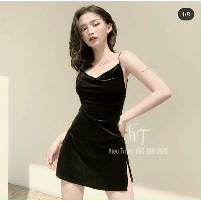 đầm nhung 2 dây chỉ hở lưng có mút ngực