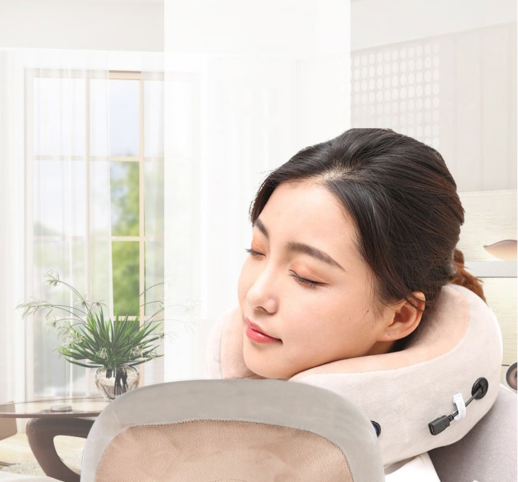 Gối Massage Vai Gáy Hồng Ngoại Đa Năng U-Shaped dùng pin sạc, gối êm, 6 bi quay liên tục thư giãn, Hàng chính hãng