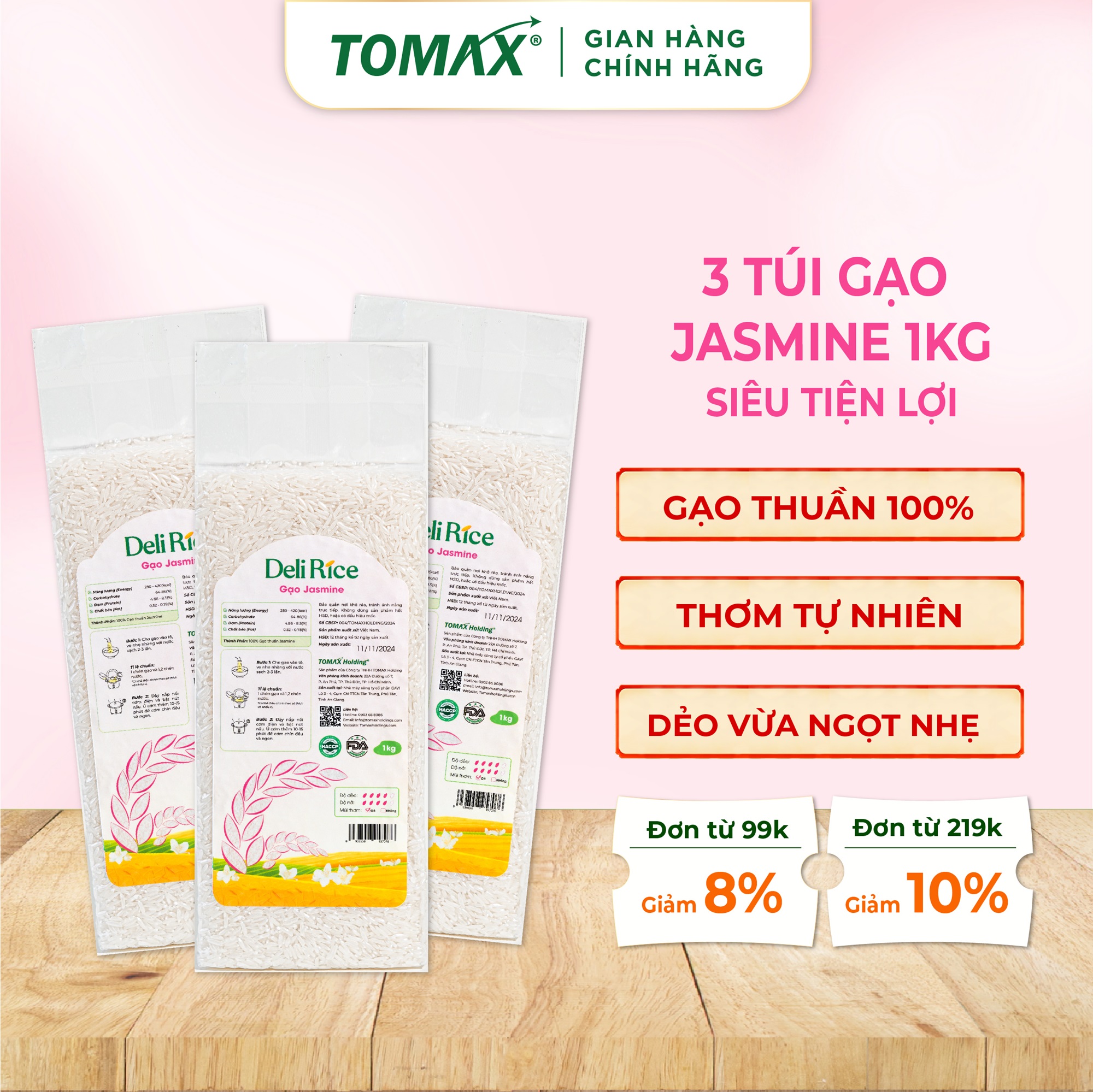 Combo 3 túi Gạo Jasmine thơm dẻo mềm tơi xốp 1kg TOMAX