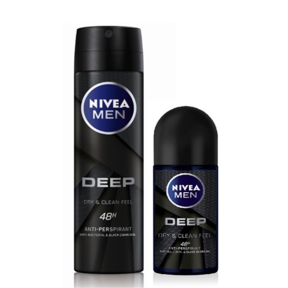 Bộ Đôi Xịt ngăn mùi NIVEA MEN Deep than đen hoạt tính 150ml và Lăn ngăn mùi NIVEA MEN Deep than đen hoạt tính 50ml