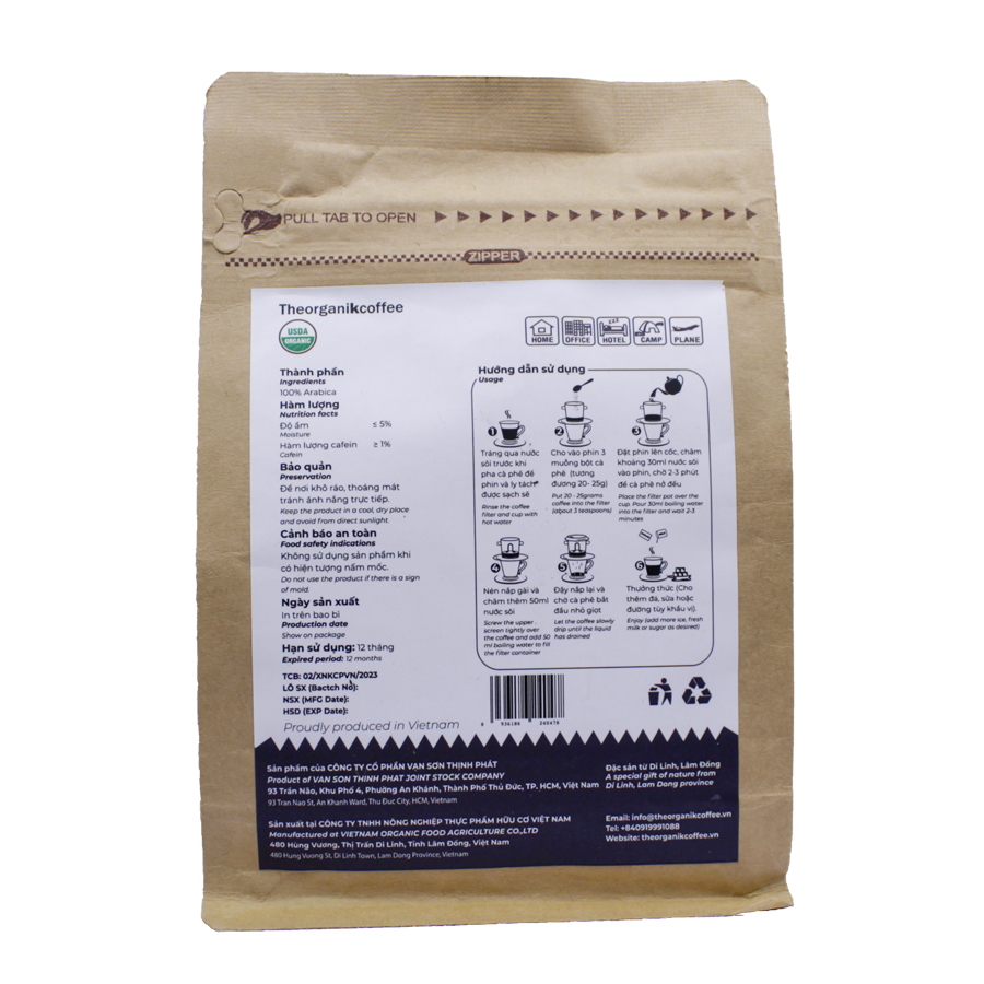 Cà phê Arabica hữu cơ rang mộc - dạng bột, 250g