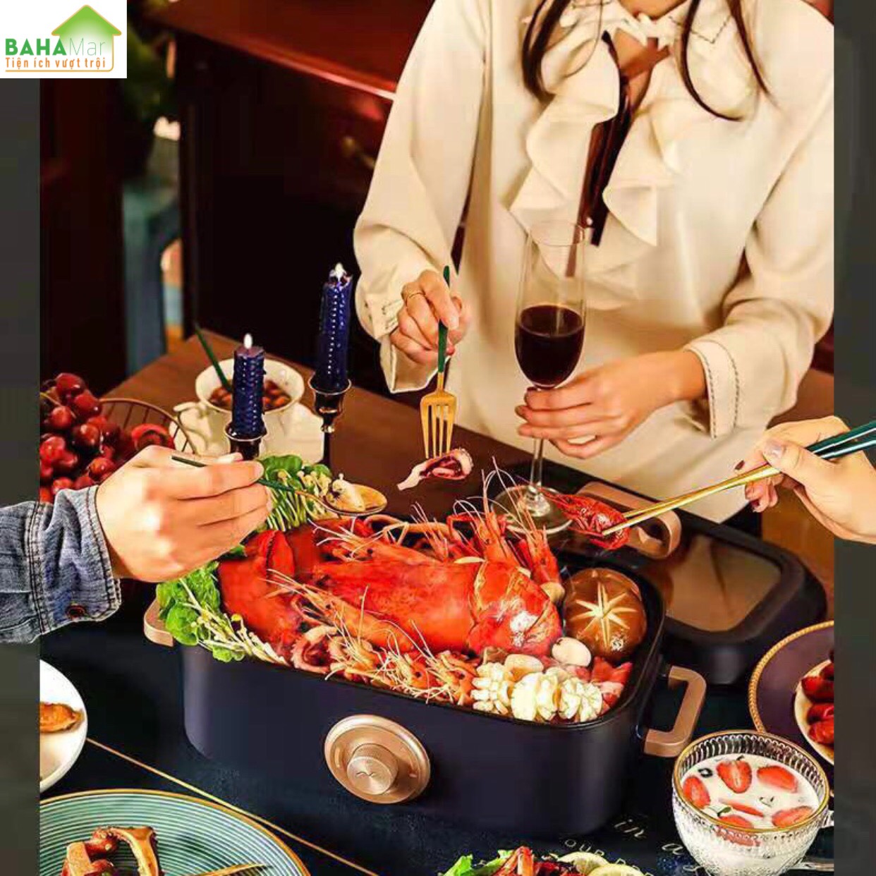 NỒI LẨU ĐIỆN ĐA NĂNG CHỐNG DÍNH TÍCH HỢP NẤU CƠM, CHIÊN, RÁN, HẤP … THUẬN TIỆN "BAHAMAR" Lớp chống dính teflon mịn, công nghệ nhật bản, với độ an toàn thực phẩm chăm sóc sức khỏe gia đình