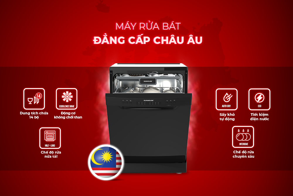 MÁY RỬA CHÉN BÁT SUNHOUSE SHB8014SMB nhập khẩu nguyên chiếc - HÀNG CHÍNH HÃNG