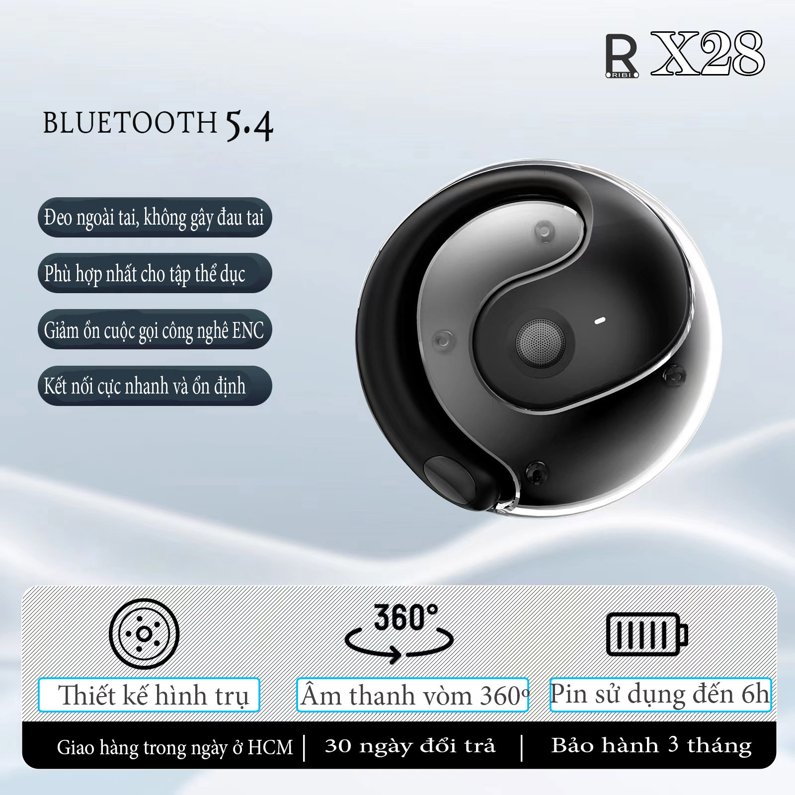 Tai nghe bluetooth thể thao RIBI X28 - Thiết kế đẹp mắt - Pin lâu - không gây đau tai - Phù hợp chạy bộ và đạp xe - Hàng Chính Hãng