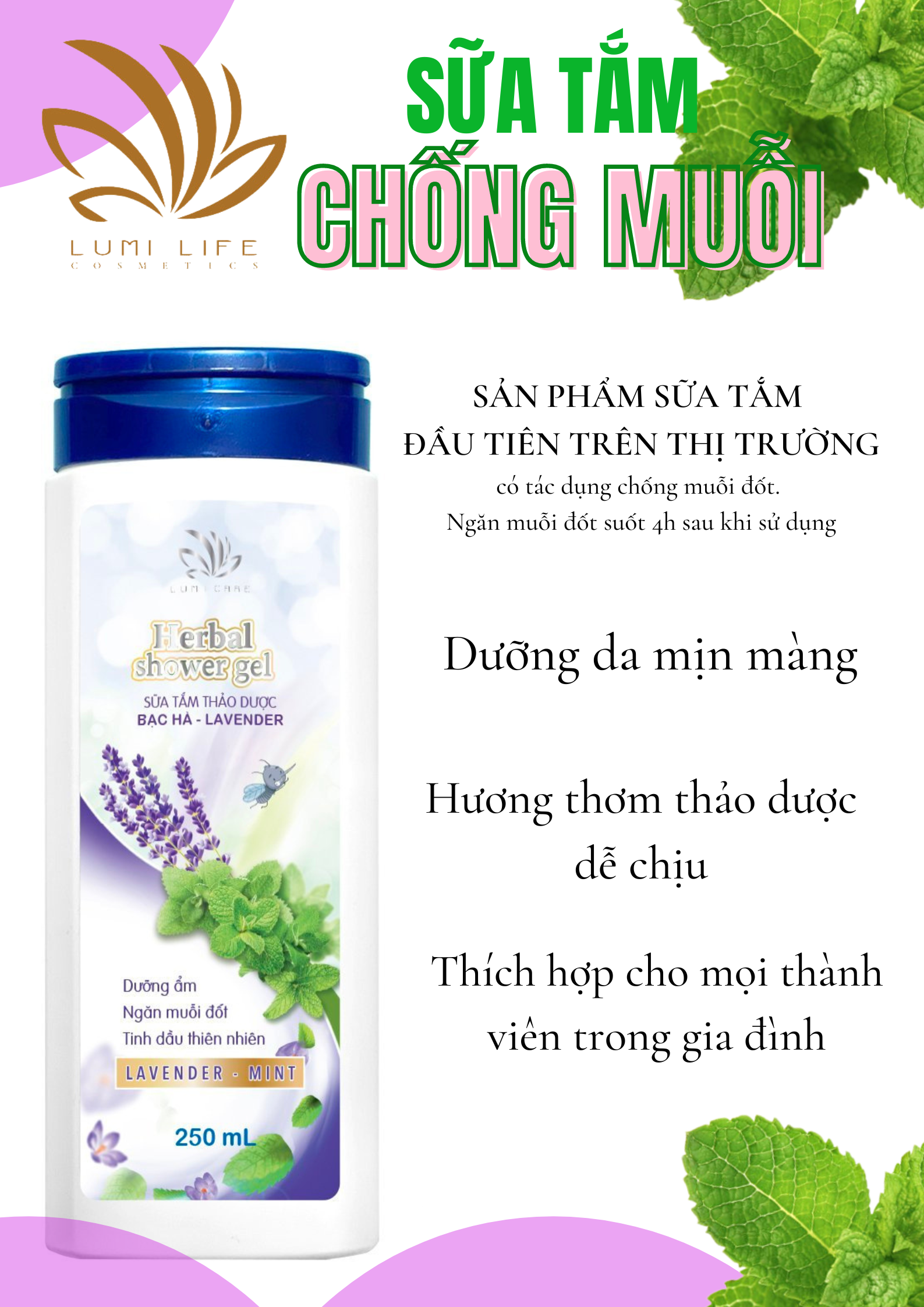 Sữa Tắm Thảo Dược Bạc Hà Herbal Shower Gel Thiên Nhiên Chống Muỗi Đốt Hiệu Quả An Toàn Dịu Mát Cho Da