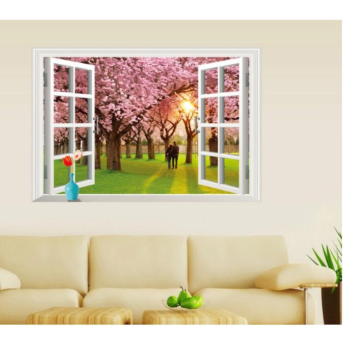 Decal trang trí cửa sổ 3D hoa đào và đôi tình nhân