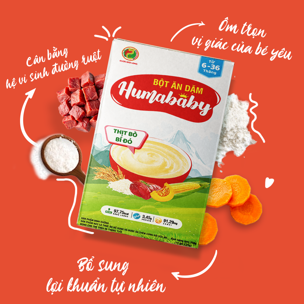 Bột Ăn Dặm Humababy Vị Thịt Bò - Bí Đỏ - Hộp 10 Gói x 25g