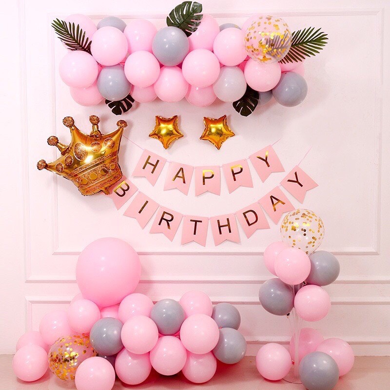 Set bong bóng thôi nôi bé gái màu hồng 1 year birthday set Tnoi13