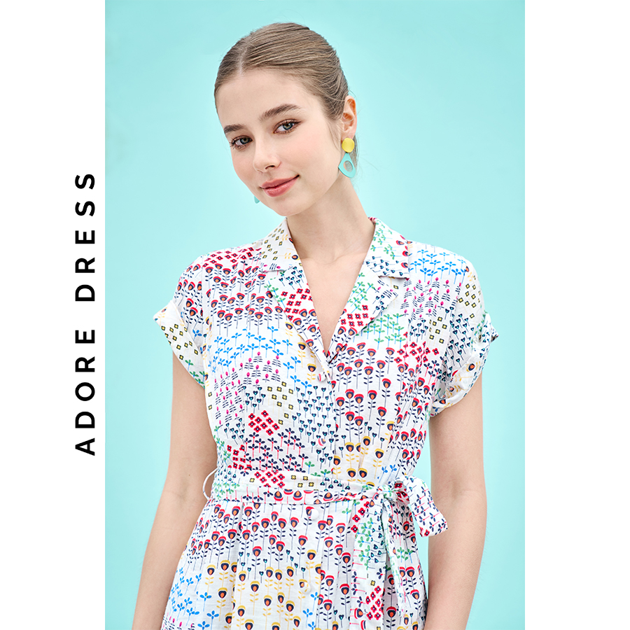 Đầm Midi dresses voan tơ trắng in hoa xếp ly eo 311DR2020 ADORE DRESS