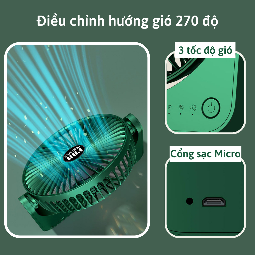 Quạt tích điện để bàn CTFAST F101, quạt mini văn phòng không gây ồn, 3 tốc độ gió, điều chỉnh 270 độ, tặng kèm sticker trang trí, sạc USB - Hàng chính hãng