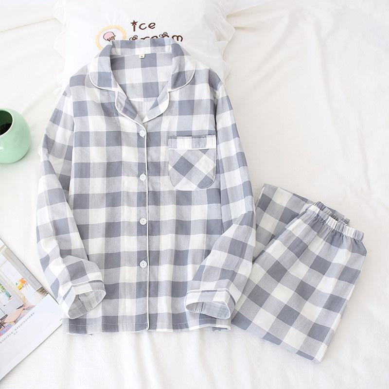 Bộ đồ pyjama nữ dài tay vải xô nhật họa tiết kẻ caro lớn (C341