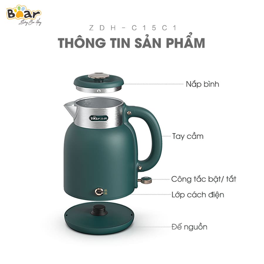 Ấm Siêu Tốc 1.5L Bear ZDH-C15C1 Hàng chính hãng