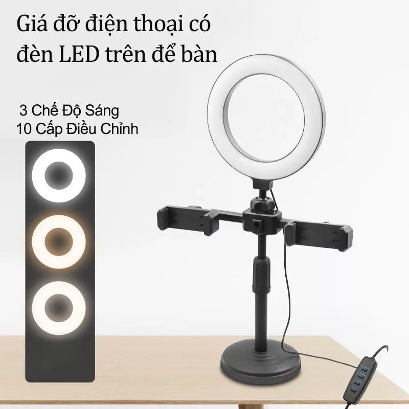 Giá Đỡ 2 Điện Thoại Livestream Có Đèn Led, Kẹp Điện Thoại Để Bàn Quay Video Tiktok Có Đèn Led 3 Màu - Có Video, Ảnh Thật