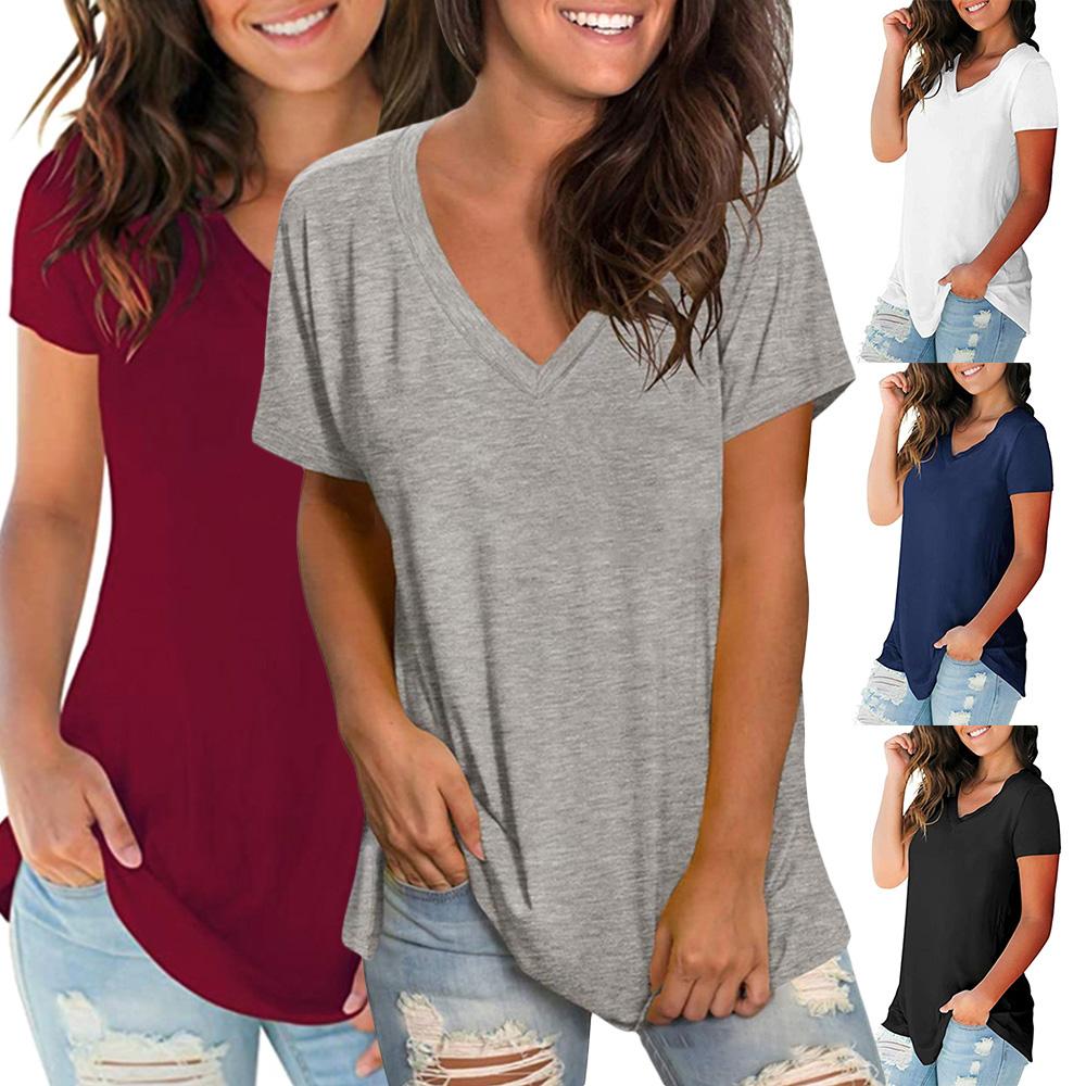 New Fashion Women T-shirt Solid Color V Neck Short Sleeve Rounded Hem Long Casual Party Wear Summer Tops