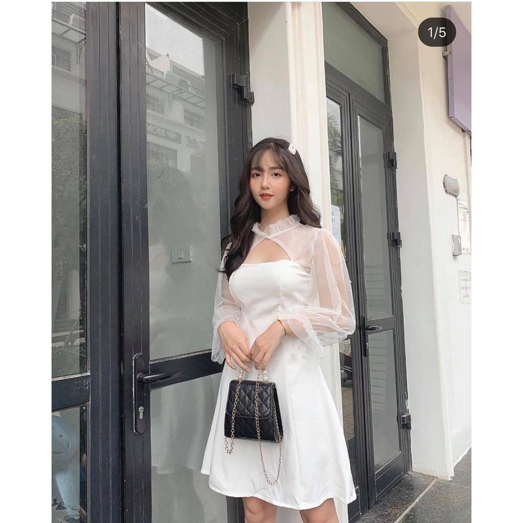 ĐẦm dự tiệc Đầm xòe nữ đầm đi chơi Đầm nữ tay dài phối lưới cổ tàu thời trang dự tiệc dạo phố