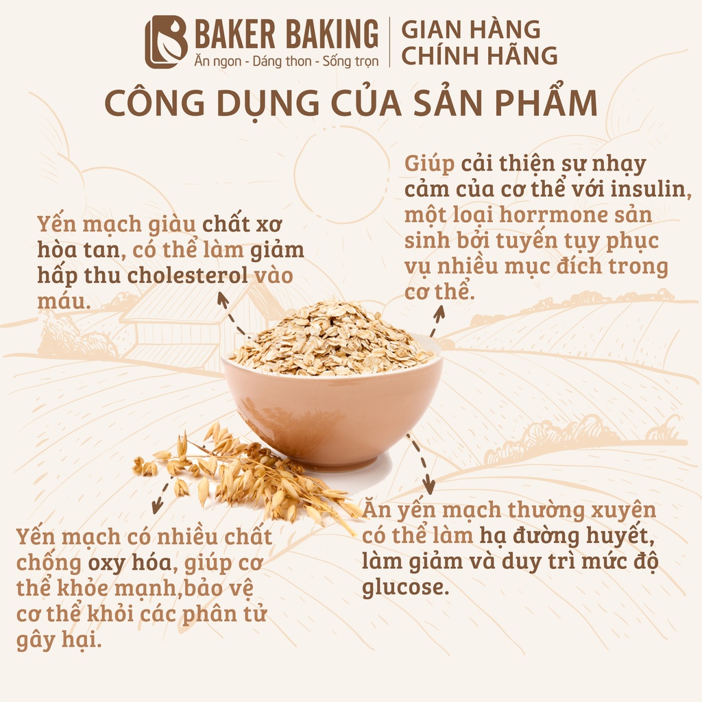 Yến mạch cán dẹt dinh dưỡng Baker Baking không đường hỗ trợ giảm cân, ăn kiêng 1kg