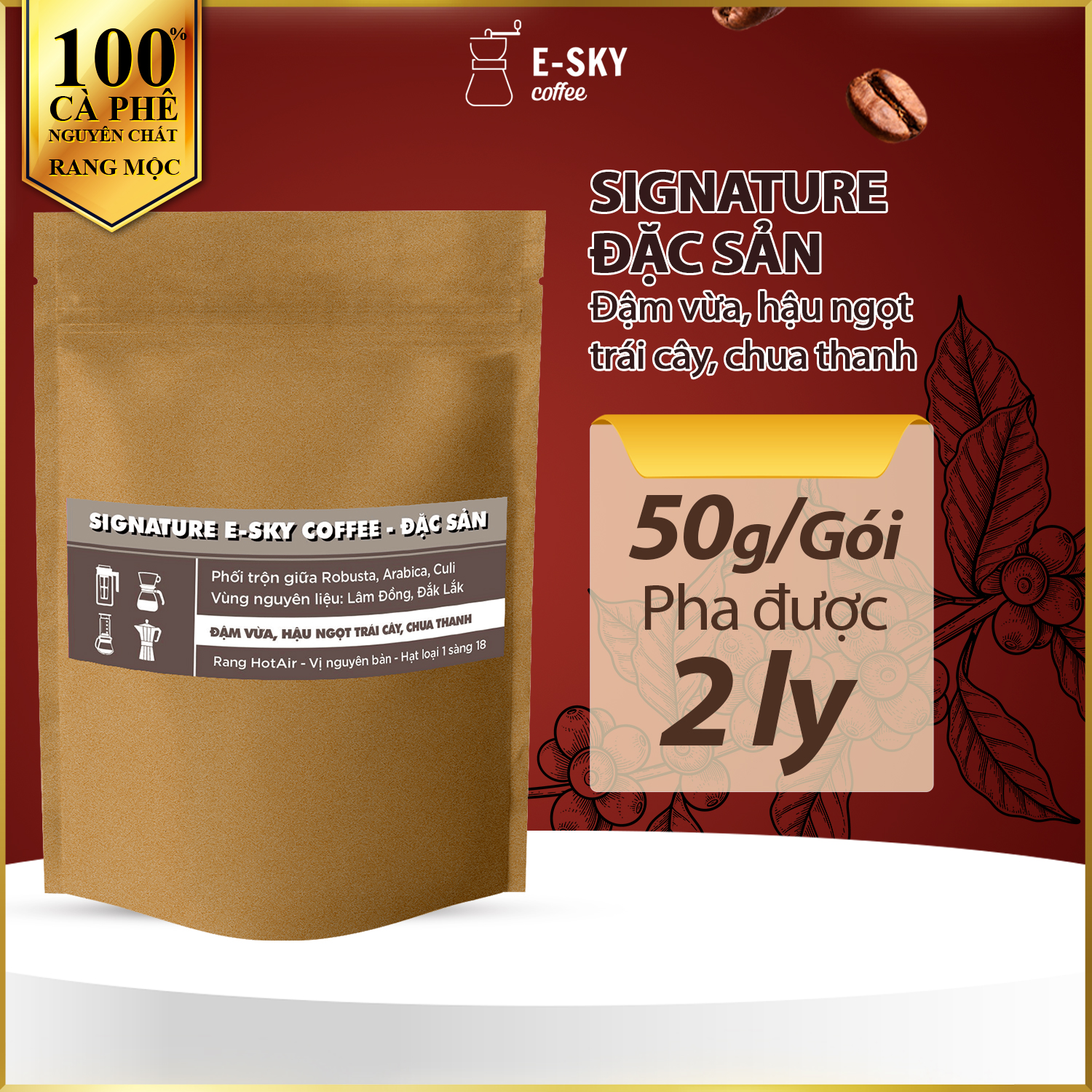 Mẫu Thử Cà Phê Rang Xay Nguyên Chất E-SKY Coffee Cafe Pha Phin 50gr