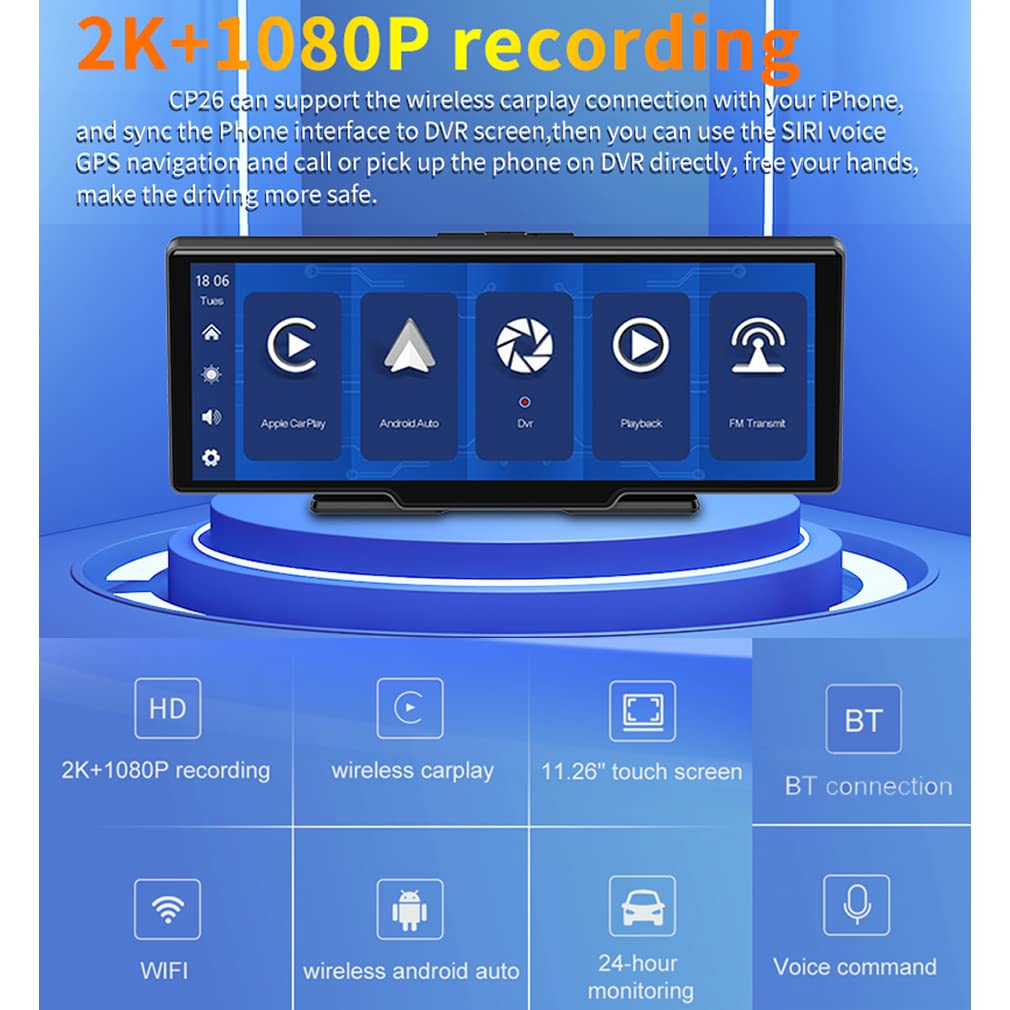 Carplay android bảng điều khiển tự động bảng điều khiển cam camera kép 10 inch 2K + 1080P Chức năng âm nhạc Bluetooth, Wifi Điều khiển bằng giọng nói Máy Quay video Kéo Dài thời gian