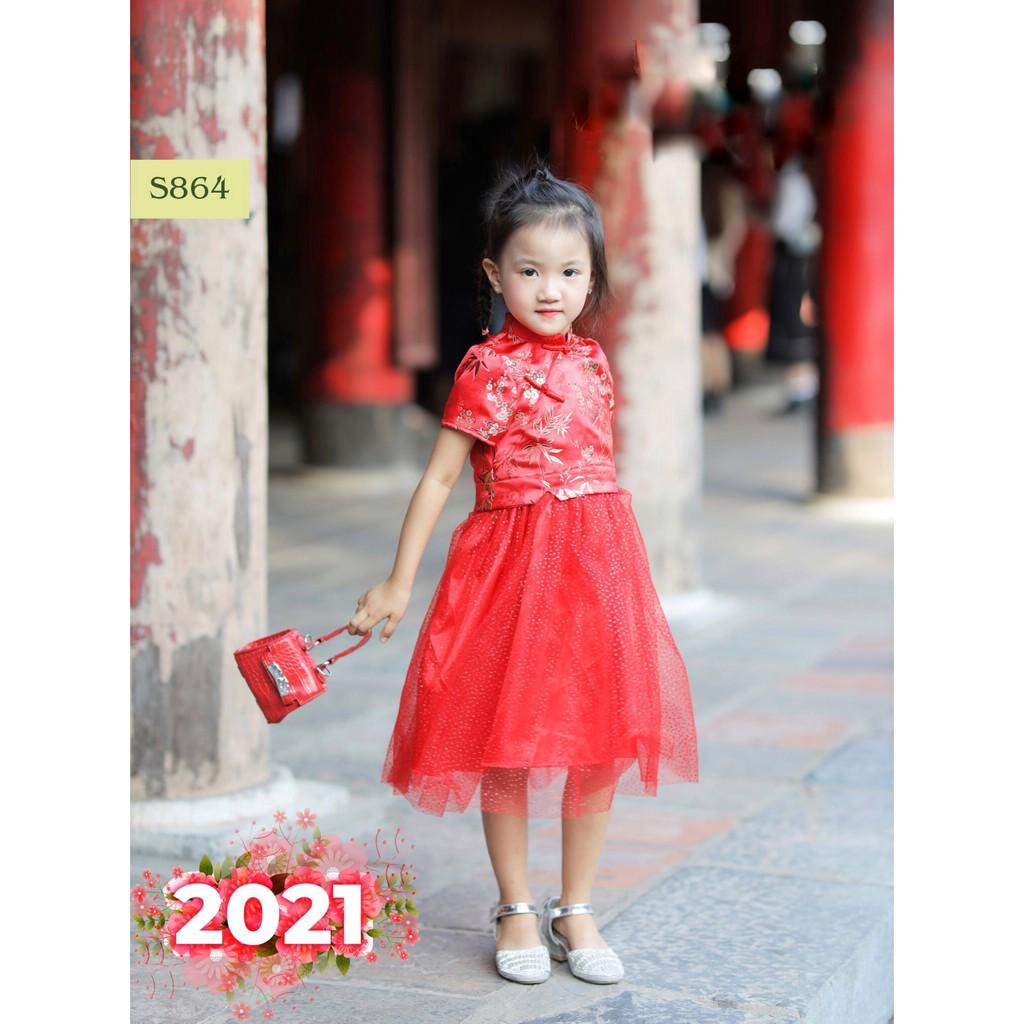 Set áo dài sườn xám đỏ Hanbok bé gái