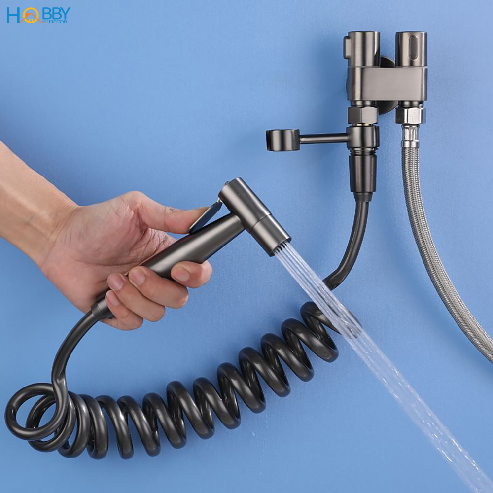 Vòi xịt vệ sinh toilet dây lò xo đa năng kèm van nước bồn cầu màu xám Hobby Home Decor VSR4F