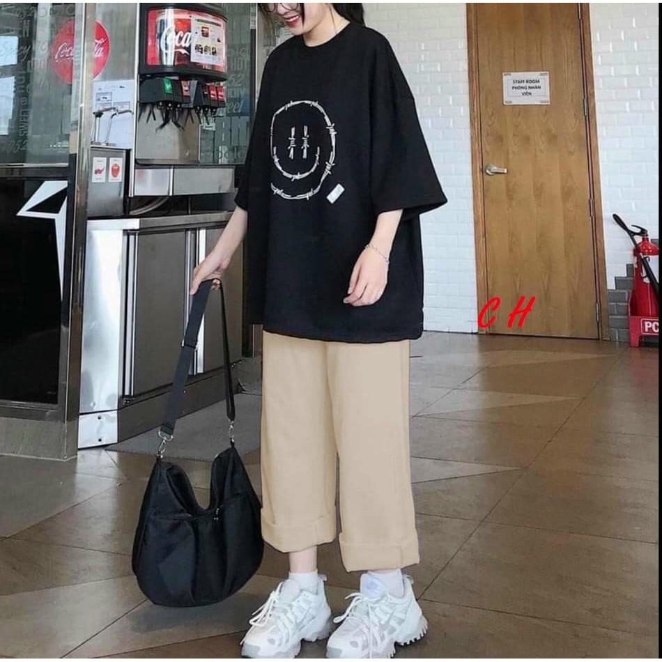 Sét áo thun unisex mặt cười và quần thô màu be siêu xinh