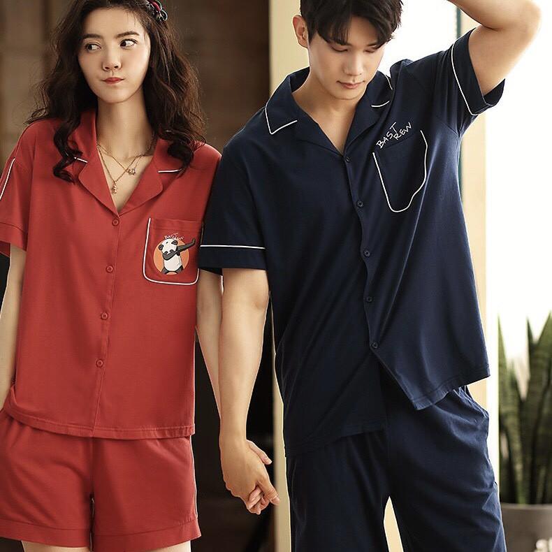 Bộ pyjama nữ dáng ngắn vải thun cotton gâu trúc viền trắng