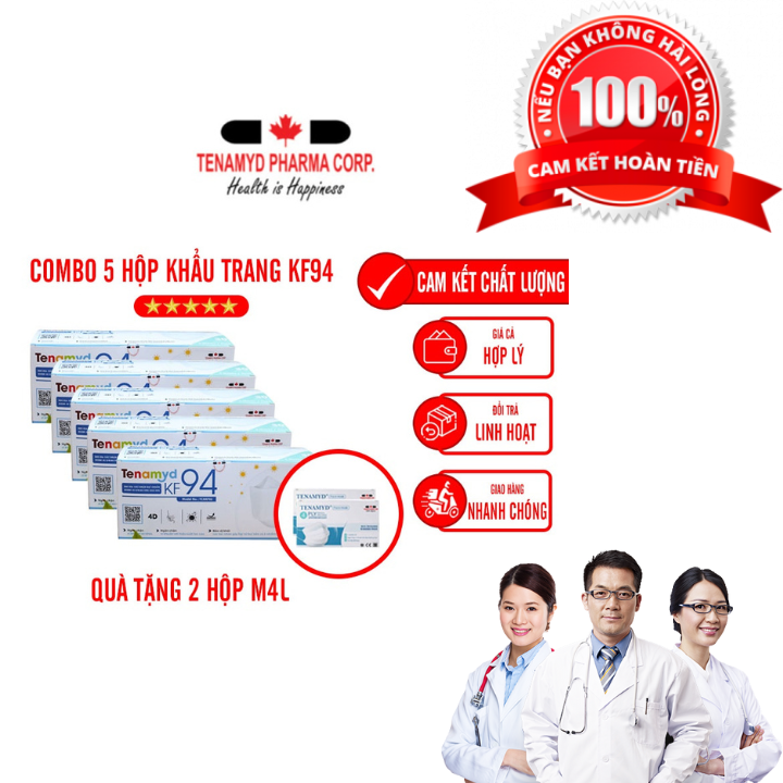 (COMBO 5 HỘP + QUÀ TẶNG) Khẩu Trang KF94 Người Lớn Màu Trắng Tenamyd Chính Hãng