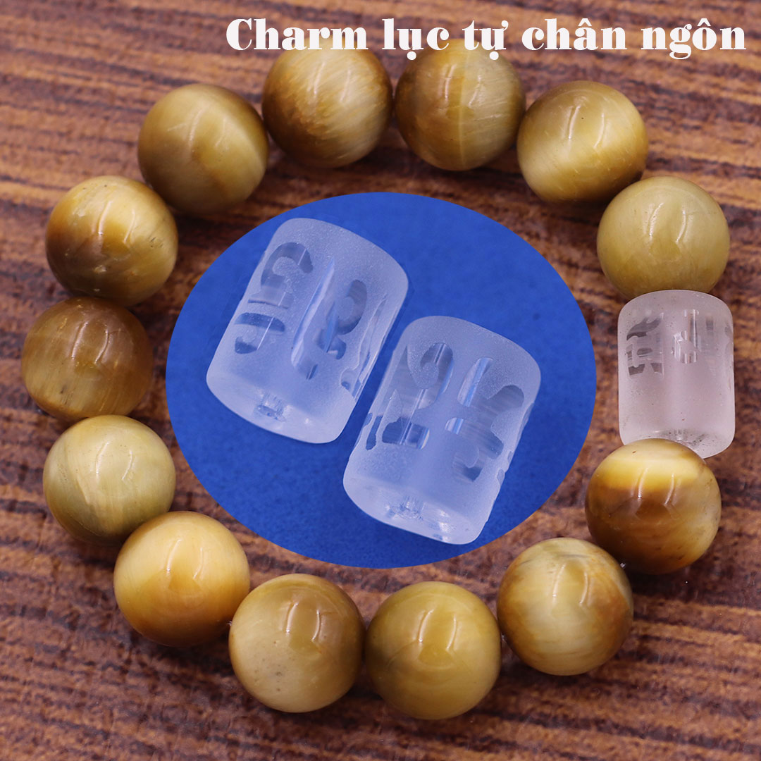 Vòng chuỗi đeo tay đá mắt hổ charm lục tự Đại minh chân ngôn, 10 ly, Om Mani Padme Hūm, Chân ngôn Lục tự