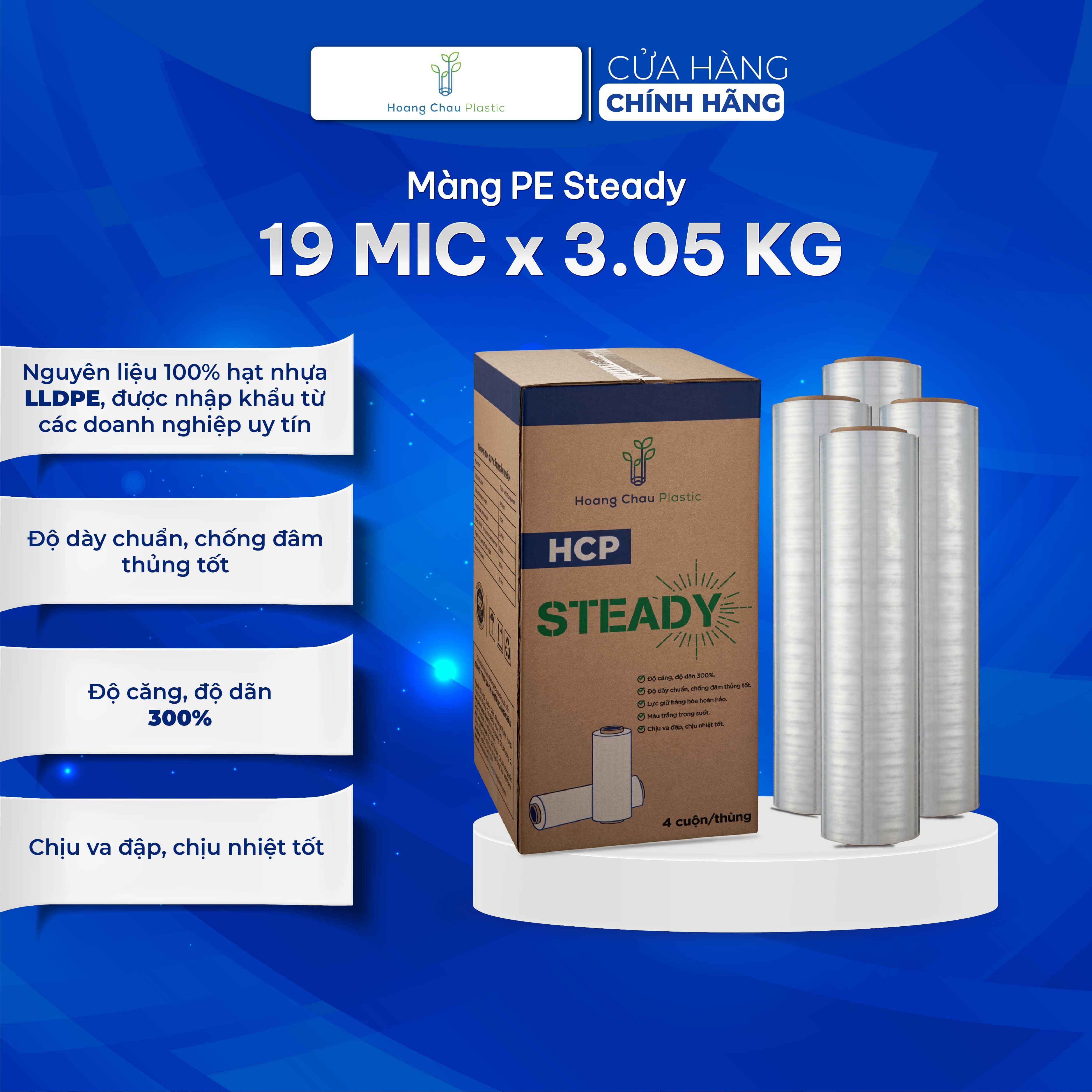 Màng Co Bọc Hàng PE Steady HOÀNG CHÂU PLASTIC Khổ 19mic x 500mm x 3.05 Cách Điện Nhiệt Và Chống Thấm