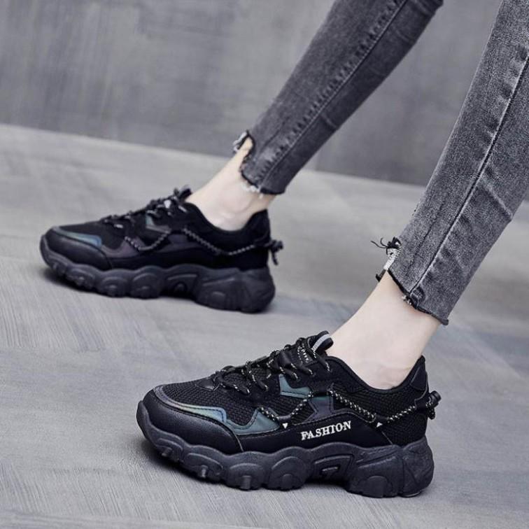 Giày thể thao nữ, Sneaker nữ phản quang độn đế cao 5cm mềm, cá tính, năng động màu đen trơn