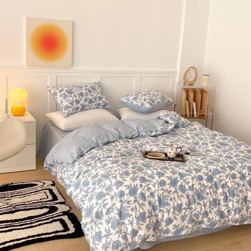 Bộ Chăn Ga Gối Cotton living 100%cotton Hàng Nhập Khẩu Cao Cấp 4 Món Hoa Hồng Vintage