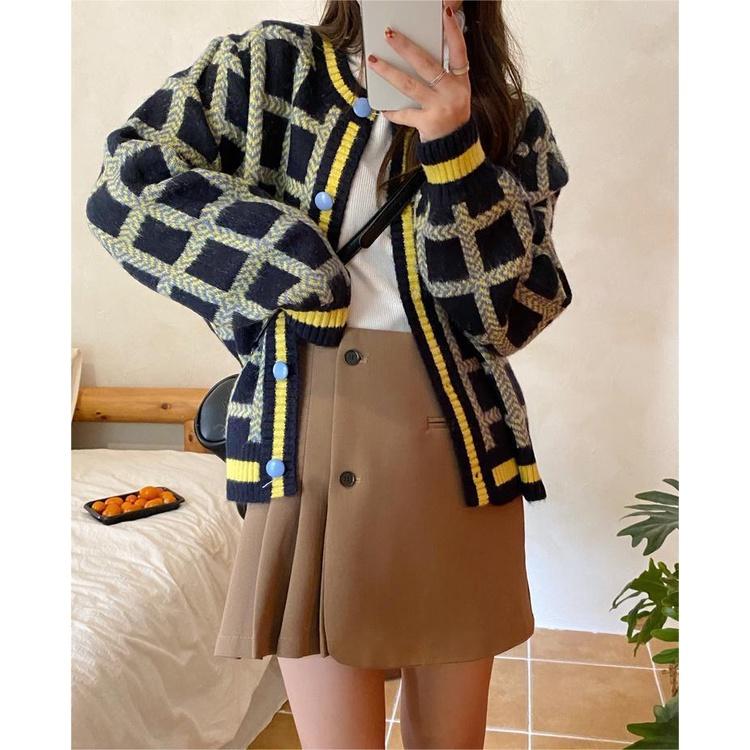 Áo khoác len cardigan nữ cổ tròn dài tay hoạt tiết caro kẻ vuông basic retro kiểu Hàn Quốc Quảng Châu chất đẹp D-6