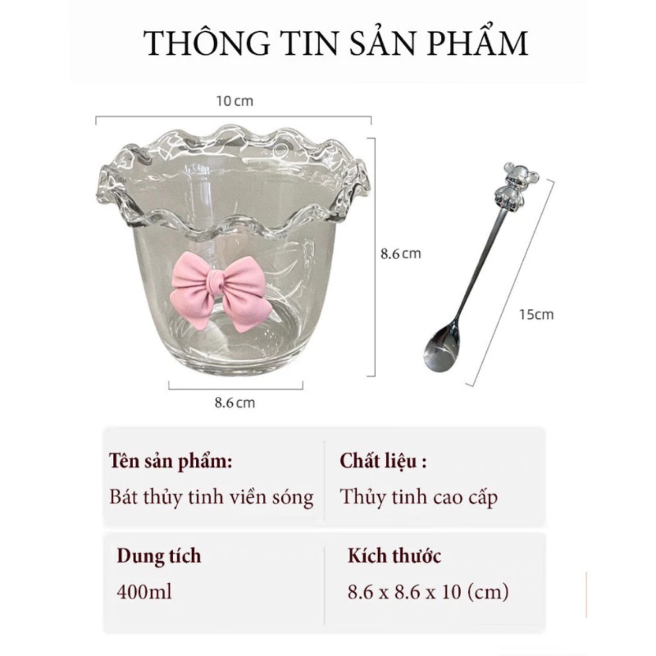 Cốc - Bát Thuỷ Tinh Viền Sóng Kèm Nơ và Thìa Gấu Siêu Xinh - Bát Ly Cốc Thuỷ Tinh To 450ml Ăn Sữa Chua Ngũ Cốc Chè Hoa Quả Cao Cấp Sang Trọng- HÀNG CHÍNH HÃNG MINIIN-Tặng Kèm Thìa