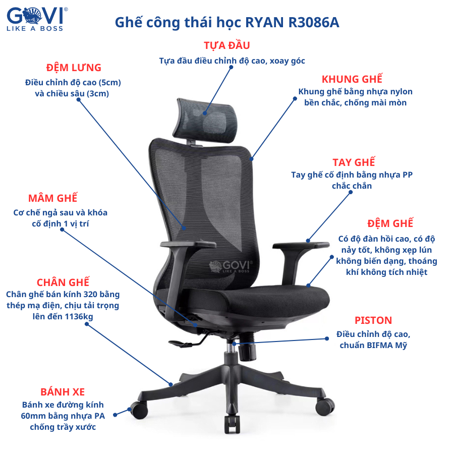 Ghế công thái học Ergonomic GOVI Ryan R3086A - Tựa đầu điều chỉnh, tựa tay cố định, khóa 1 vị trí lưng thẳng