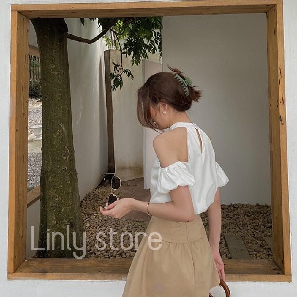Áo trễ vai croptop tay bồng - Áo kiểu nữ chất Linen, thiết kế cổ yếm 2021