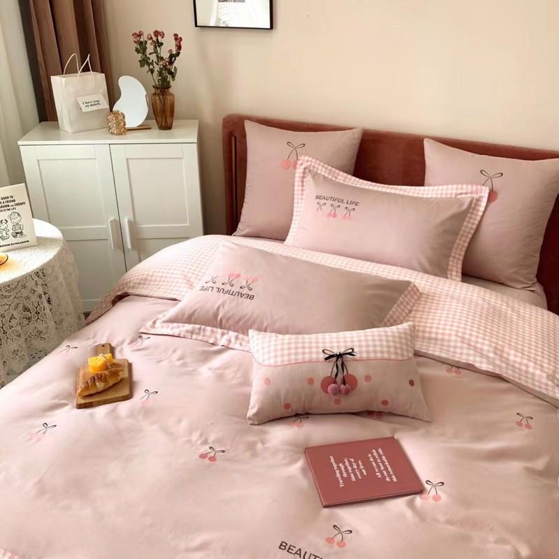 Bộ Chăn Ga Gối Lụa Tencel Thêu Hàng Nhập Khẩu Cao Cấp 5 Món Cherry Mộng Mơ