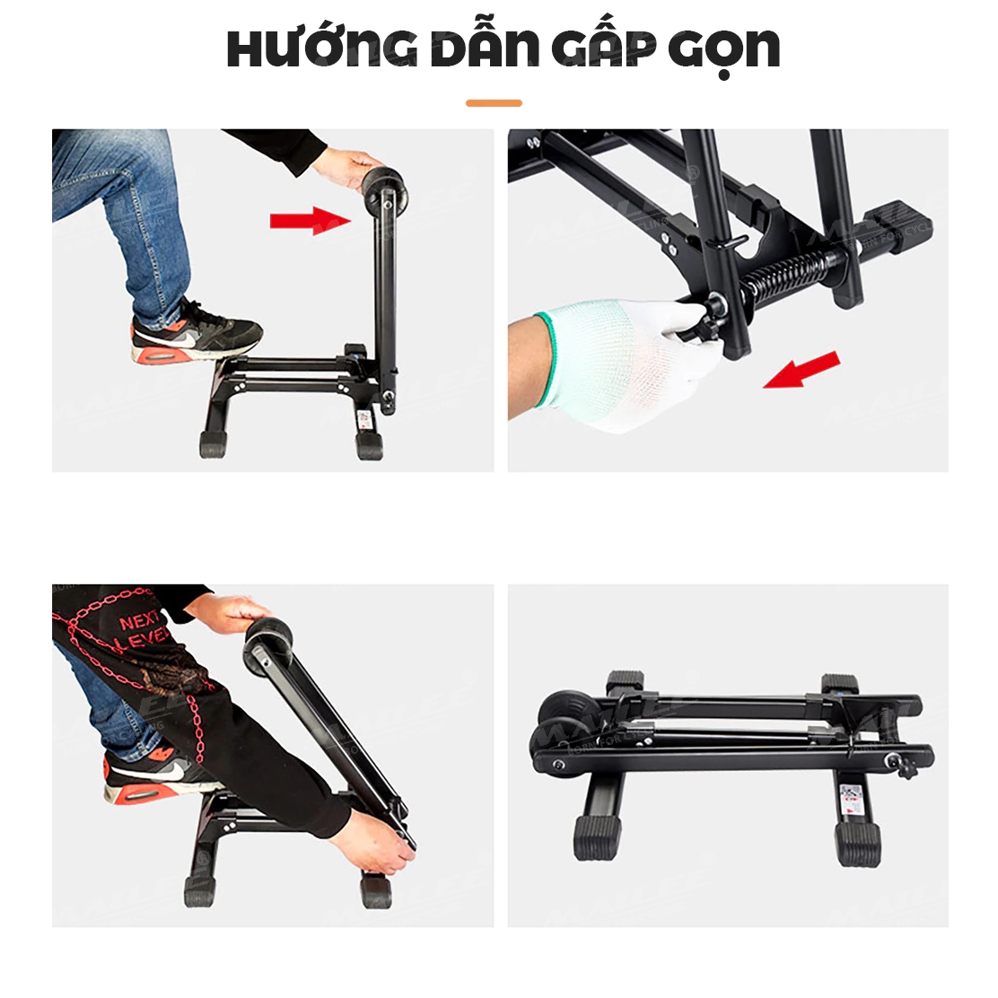 Khung Đỗ Chèn Bánh Xe Đạp Gấp gọn hỗ trợ kẹp dựng bánh xe đứng phù hợp nhiều kích thước bánh xe Mai Lee