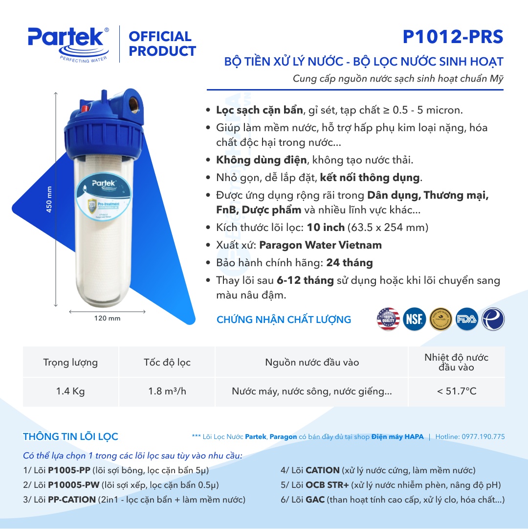 Bộ Lọc Thô PARTEK P1012-PRS 10 inch Cao Cấp Công Nghệ Mỹ Chuẩn NSF - Hàng Chính Hãng -