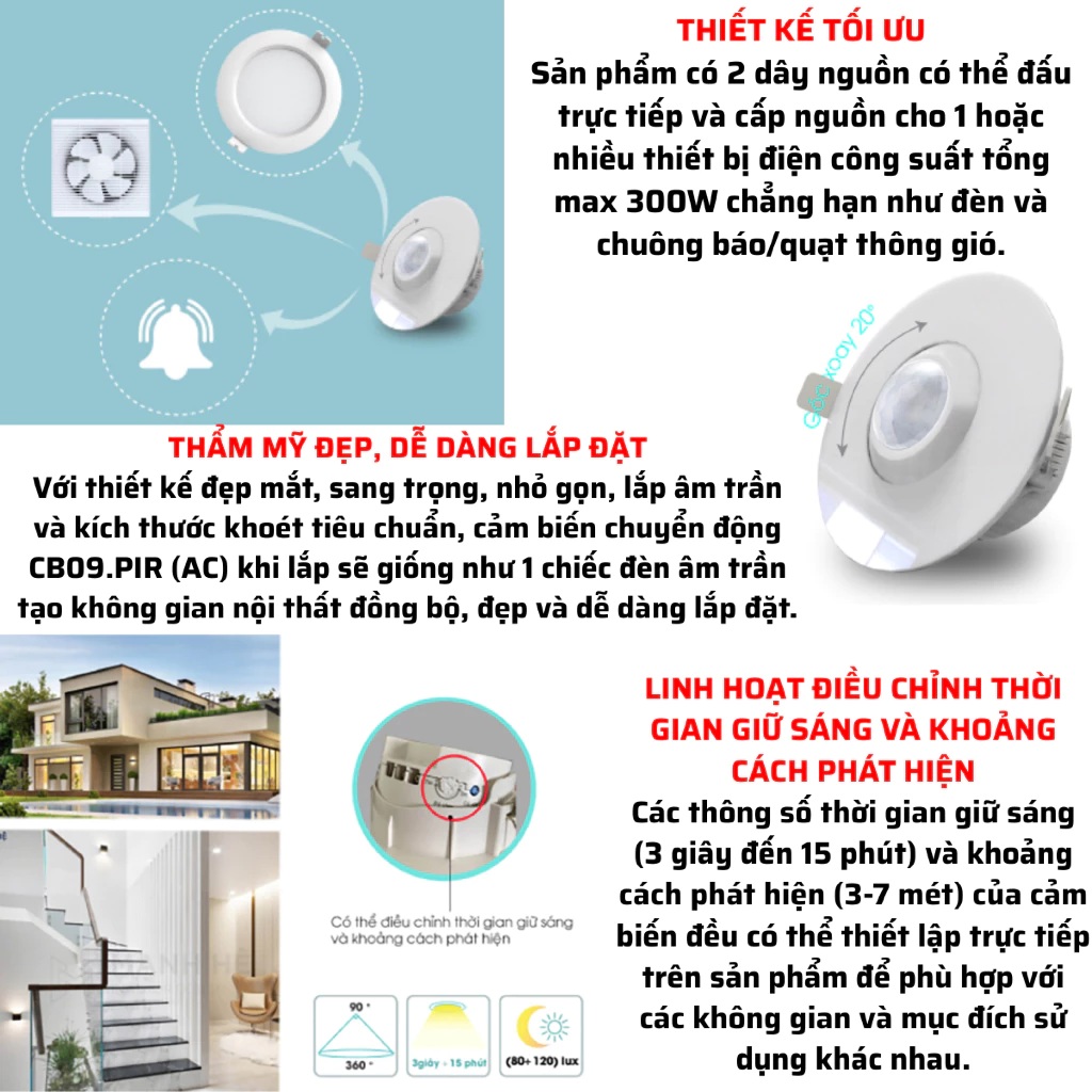 Cảm biến chuyển động âm trần Rạng Đông CB09.PIR AC khoét lỗ 9cm hỗ trợ tự động bật tắt các thiết bị điện - Hàng chính hãng
