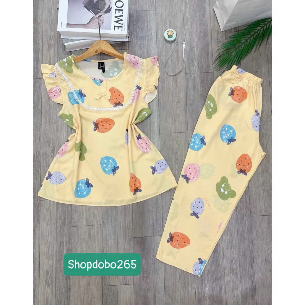 Đồ bộ nữ,đồ ngủ mặc nhà lửng 9 tấc cổ phối ren tay cánh tiên vải lanh BL 39 họa tiết dễ thương size 51-70kg
