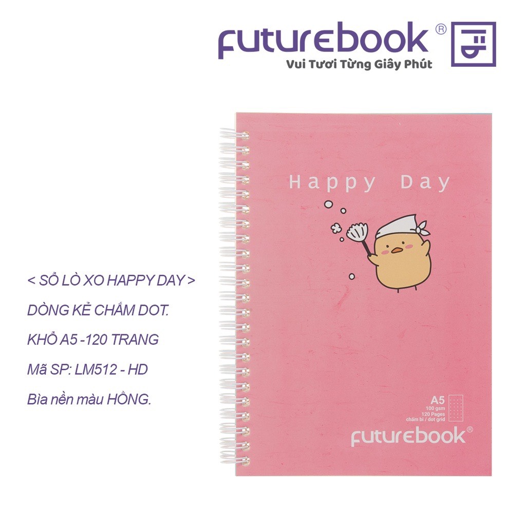 FUTUREBOOK-Sổ Lò Xo Bìa Mềm Happy Day A5-Dòng Kẻ Chấm Dot-Định Lượng 100GSm-120 Trang. Mã SP LM512( Giao mẫu ngẫu nhiên)