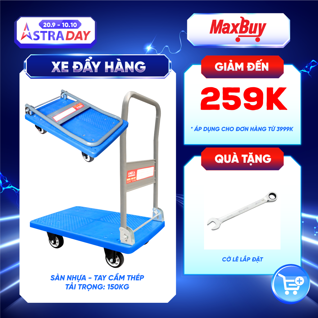 Xe Đẩy Hàng 4 Bánh Ameca HAM-150P- Sàn nhựa, Khung Thép, Giảm ồn, Gấp gọn, tải trọng 150kg