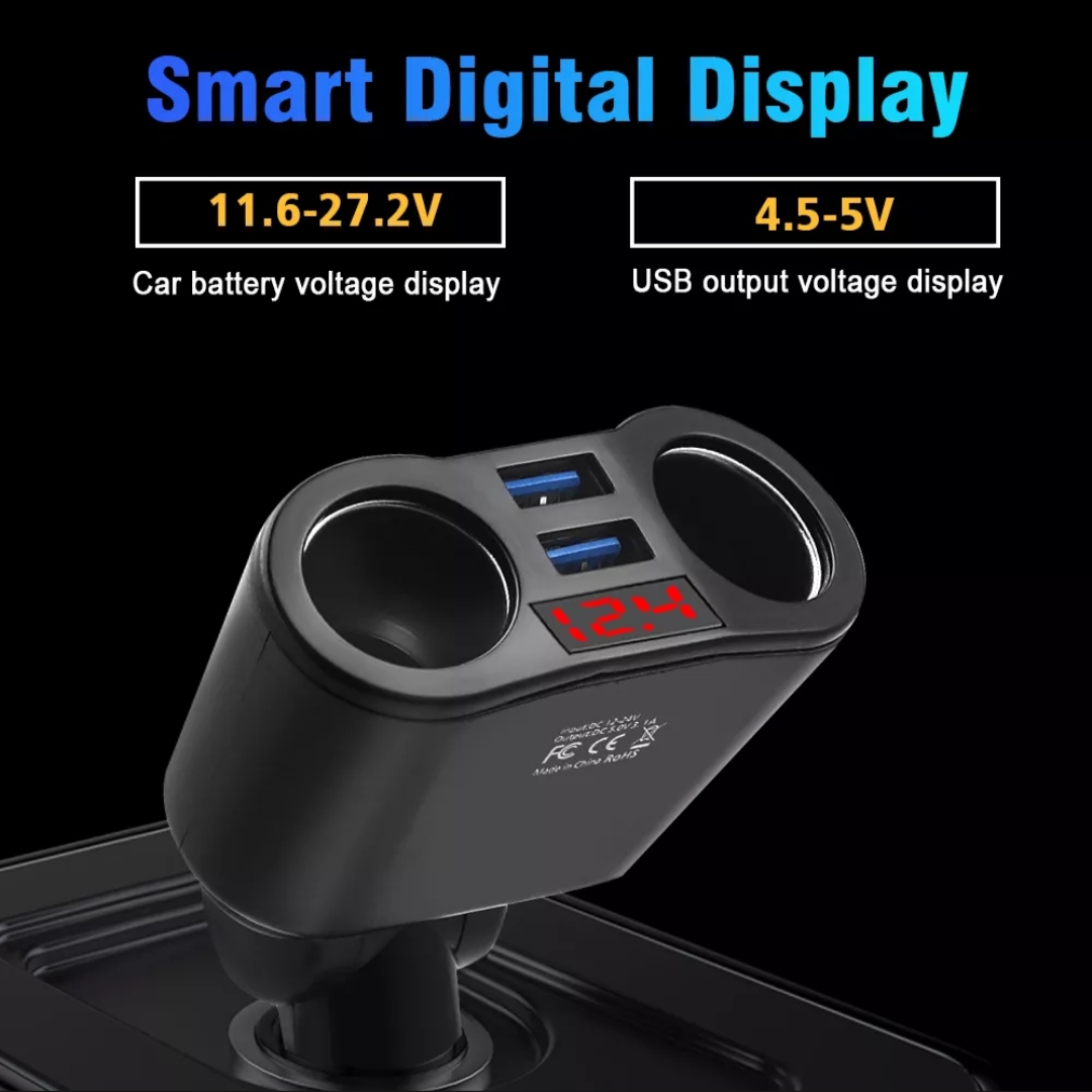 Thiết bị chia tẩu sạc trên xe hơi ô tô 2 cổng đa năng có USB 3.1A kèm đồng hồ báo vôn ắc quy 12v-24v mẫu mới