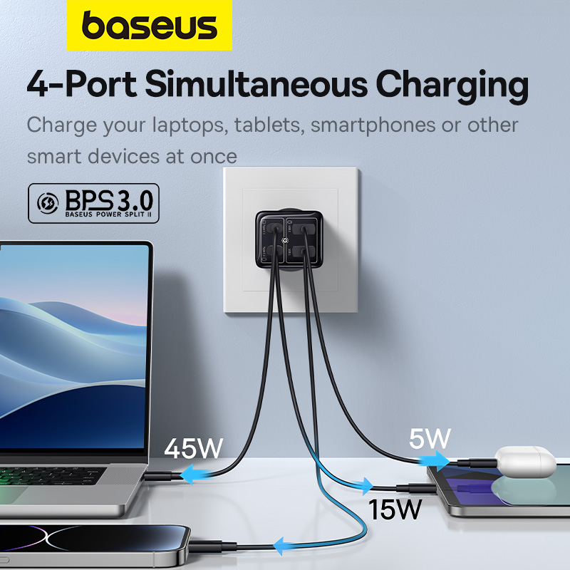 Sạc Nhanh OS-Baseus GaN6 Pro Fast Charger 2C+2U 65W (Chân cắm dẹp, Kèm cáp C to C 100W, 1m) - Hàng Chính Hãng