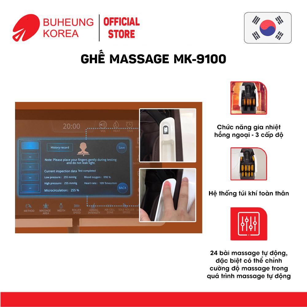 Ghế Massage thương gia Buheung MK-9100 4D King Royal, hệ thống túi khí, 24 bài massage tự động, bảo hành chính hãng